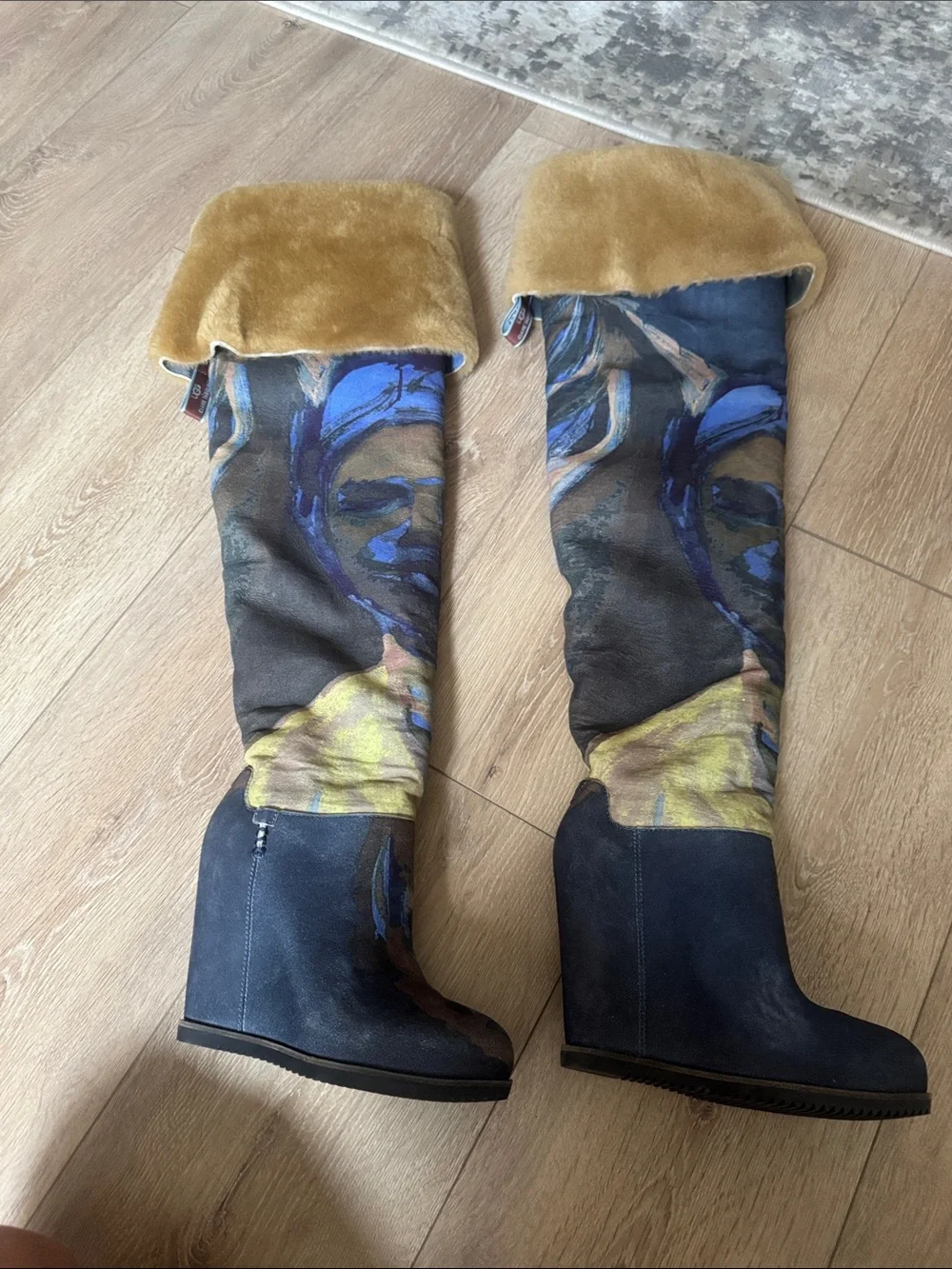 UGG Claire Tabouret Over-the-Knee Patterned Wedge Boots with Tan Faux-Fur Cuff